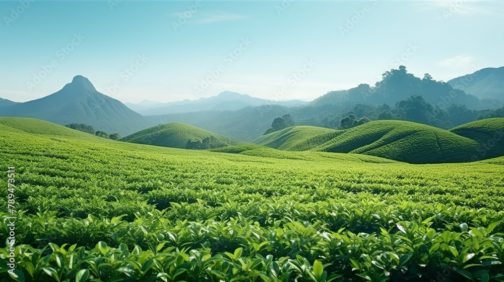 A stunning tea plantation set apart against a blank white background A stunning tea plantation set apart against a blank white background