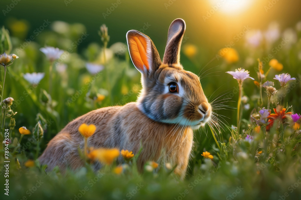 Rabbit on the lawn with flowers at sunset