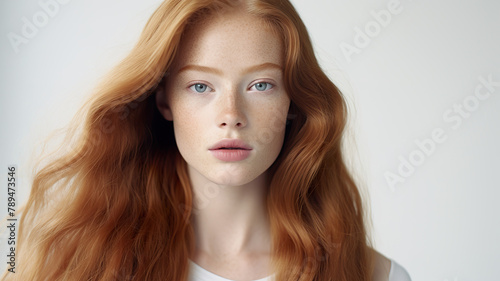 A beautiful image of a long-haired, ginger woman posing alone against a stark white background