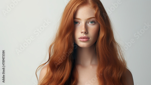 A beautiful image of a long-haired, ginger woman posing alone against a stark white background