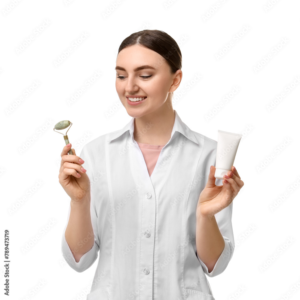 Cosmetologist with cosmetic product and facial roller on white background Cosmetologist with cosmetic product and facial roller on white background