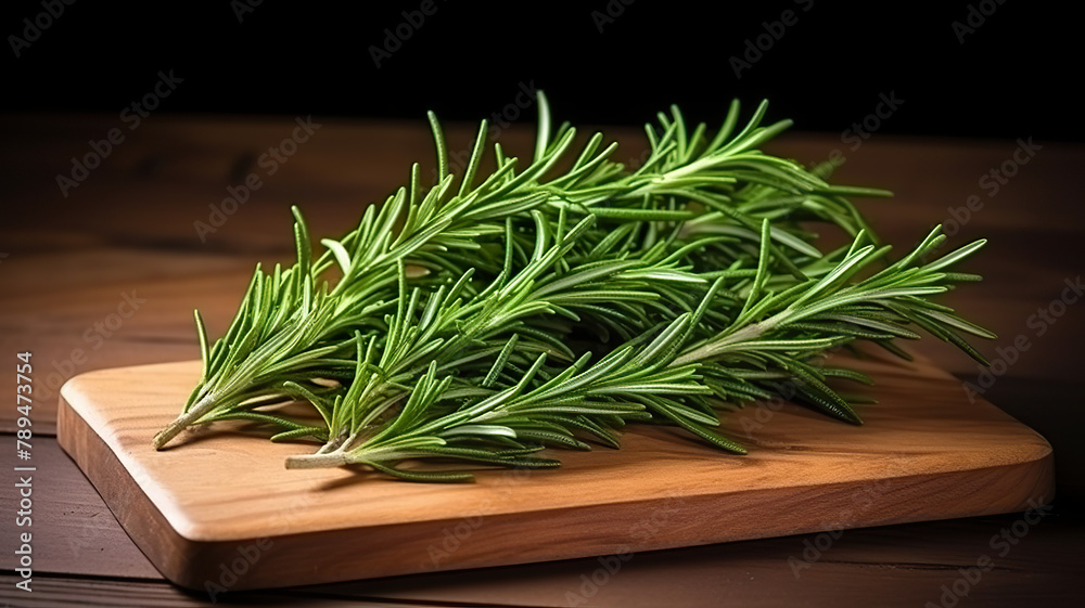Fresh rosemary bouquet isolated on a wooden board against a backdrop of perfect white Fresh rosemary bouquet isolated on a wooden board against a backdrop of perfect white