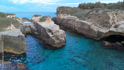 Foto aerial pictures made with a dji mini 4 pro drone over Grotta della Poesia and San Foca, In Puglia, Italy