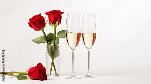 Isolated on a white background, champagne glasses with a red rose