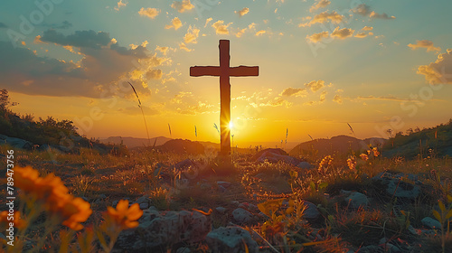 Large Crucifix cross with cloudy sky and sunset Christian cross in the dusk colorful sky during the sunset church holiday background photo