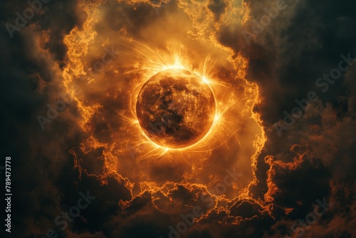 Solar eclipse: The black disk of the moon completely hides the Sun, but its golden rays magically penetrate around, creating a magnificent crown. photo