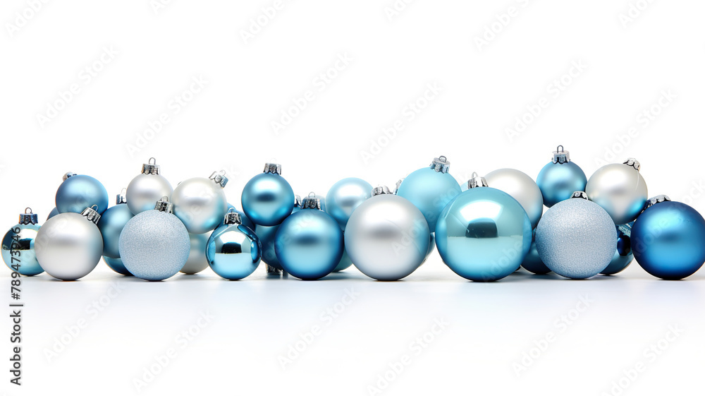Isolated blue balls on a white background form a Christmas border Isolated blue balls on a white background form a Christmas border