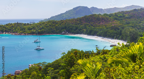 Panoramic photo of Anse Lazio beach on a sunny day. Praslin island, Seychelles photo
