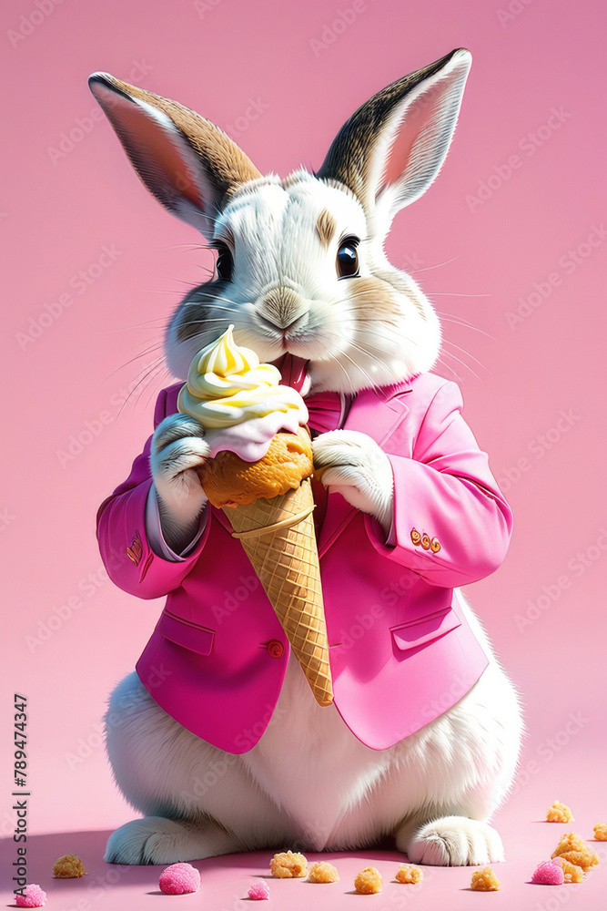 Glamorous bunny in a pink suit with ice cream. Summer card with bunny.