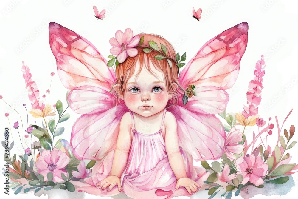 A little girl in a pink dress sitting in a field of flowers. Suitable for children's book illustrations A little girl in a pink dress sitting in a field of flowers. Suitable for children's book illustrations