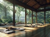 A large room with wooden floors and a lot of pillows. The room is filled with sunlight and has a peaceful, calming atmosphere
