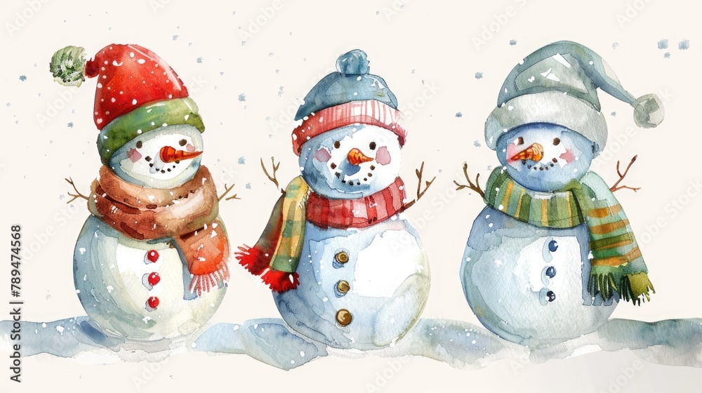 Three snowmen in a winter scene, perfect for seasonal designs