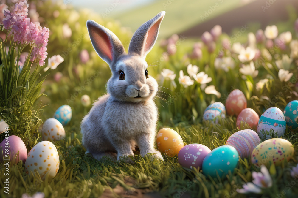 Little rabbit in a green spring lawn with decorated eggs - Easter card