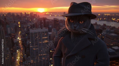 black cat, dressed in a coat and hat, city view photo