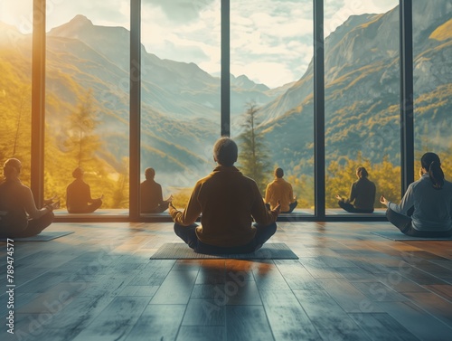 A group of people are sitting in a room with a view of mountains. They are all meditating and seem to be in a peaceful and calm state