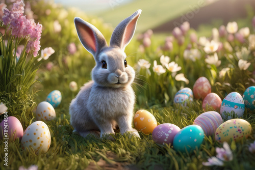 Obraz na płótnie Little rabbit in a green spring lawn with decorated eggs - Easter card w salonie