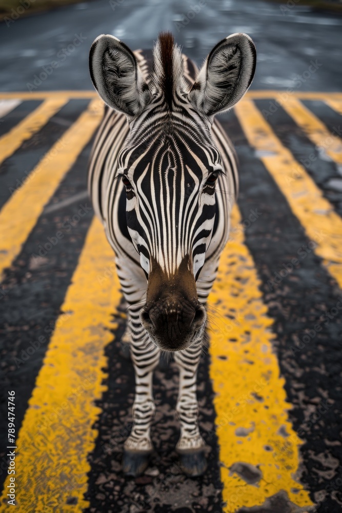 Fototapeta premium Zebra standing in the middle of a road, suitable for wildlife or transportation concepts