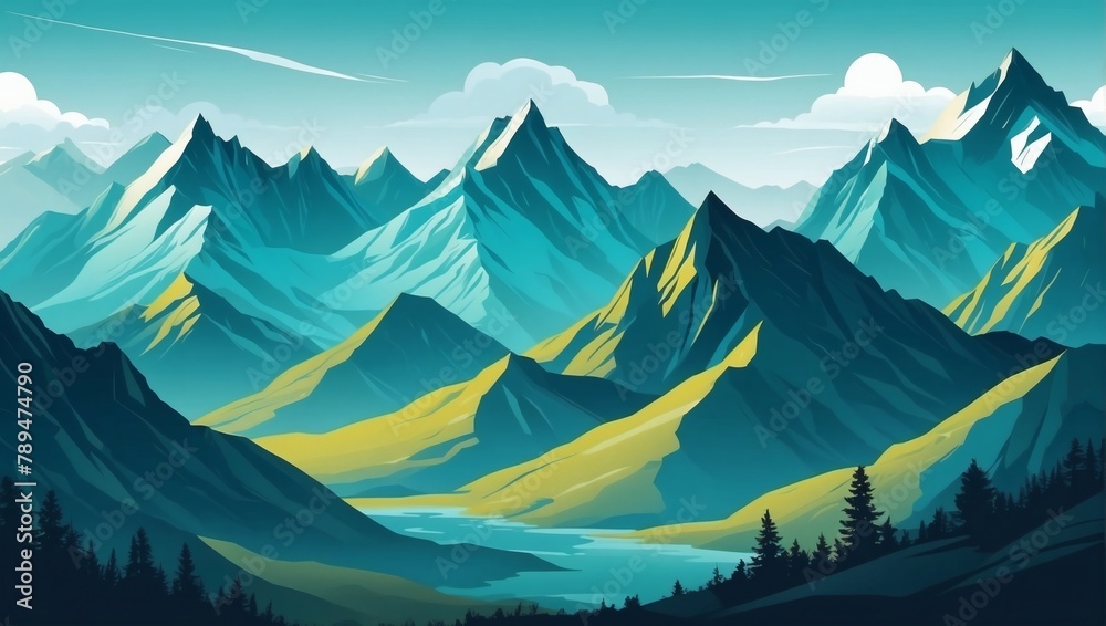 Landscape with teal mountains. Mountainous terrain. Abstract nature background. Vector illustration.