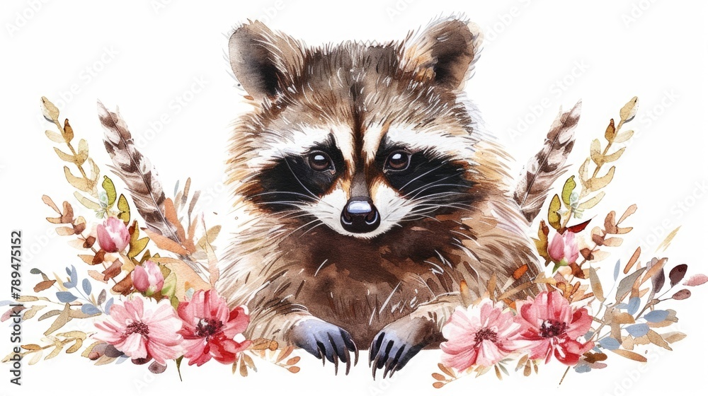 A painting of a raccoon surrounded by colorful flowers. Suitable for nature and animal lovers A painting of a raccoon surrounded by colorful flowers. Suitable for nature and animal lovers