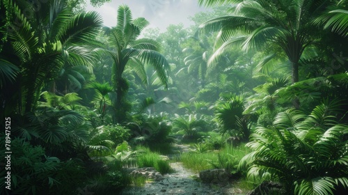 A stream of water flowing through a lush jungle filled with trees, AI