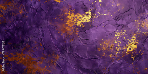 Purple and gold texture background design. Purple and gold rough painted wall surface. Raster bitmap digital illustration. Photo style. AI artwork. 