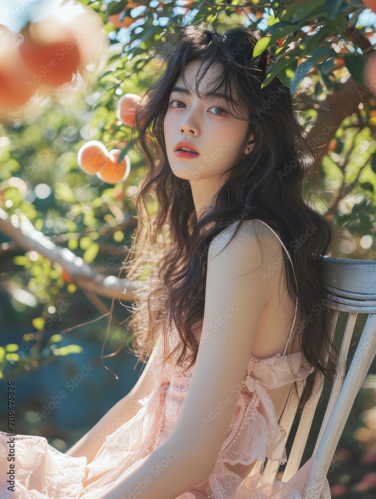 Pretty Korean woman fashion model wears a pink dress on a chair in a peach garden background Pretty Korean woman fashion model wears a pink dress on a chair in a peach garden background