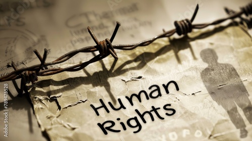Beside barbed wire, a piece of paper with the words Human Rights written on it