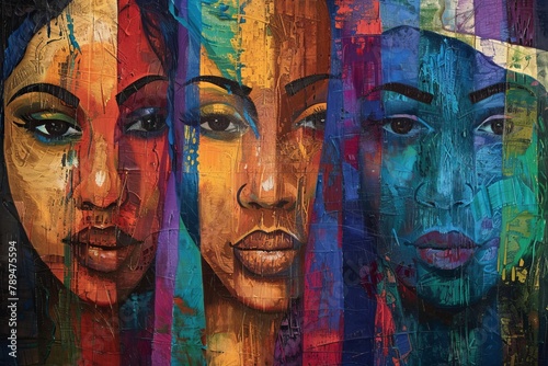 Three women's faces are painted in a triptych style, with each face having a different color. The painting is a representation of the diversity and beauty of women, and it conveys a sense of unity