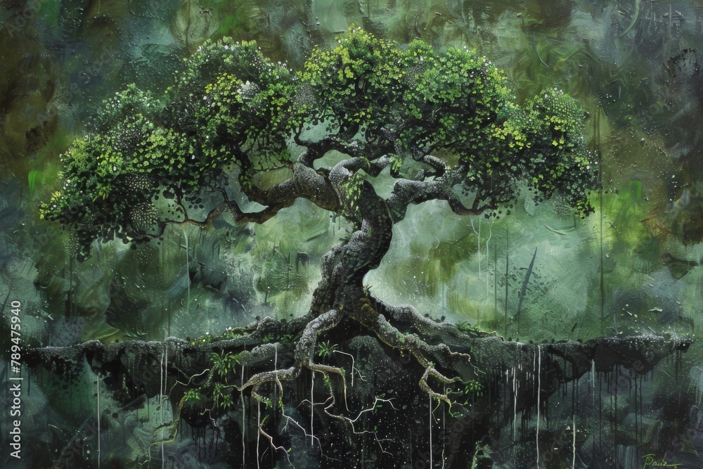 Fototapeta premium A painting of a tree with its roots in the air. The painting has a mood of serenity and calmness