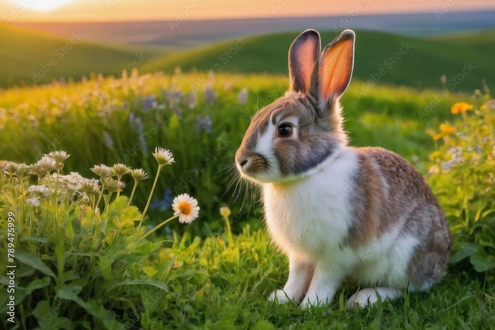 Rabbit on the lawn with flowers at sunset.