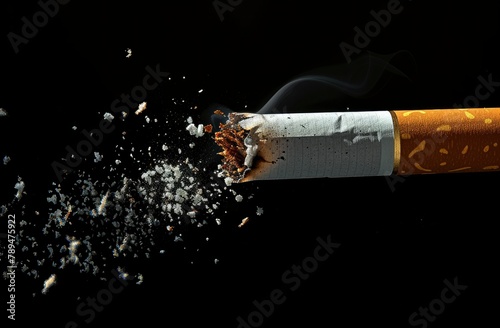 A single cigarette with dropping ash on a black backdrop