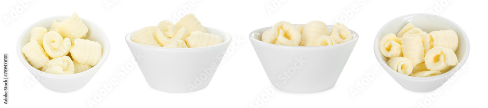 Set with swirls of butter in bowl isolated on white, views from different sides Set with swirls of butter in bowl isolated on white, views from different sides