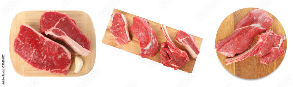 Set of raw beef steaks isolated on white, top view Set of raw beef steaks isolated on white, top view