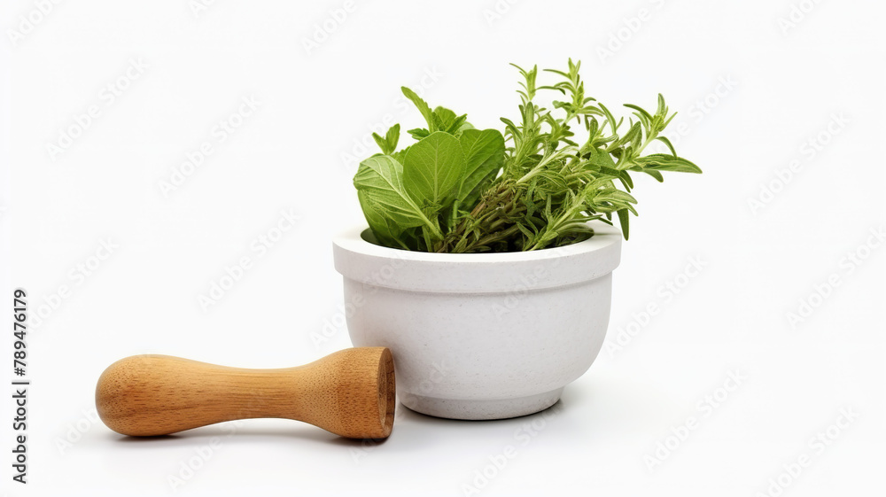 A mortar and pestle holding fresh herbs is isolated against a blank white background.