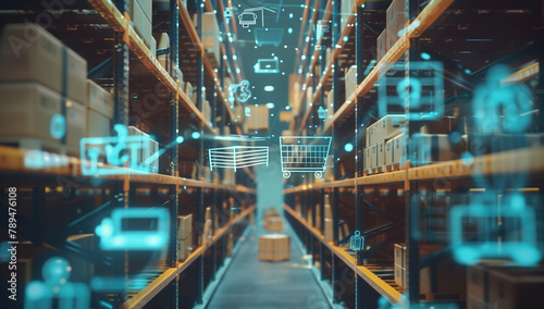 A dynamic warehouse scene with icons representing digital transformation in logistics photo