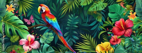 As a seamless pattern background, a vibrant jungle landscape with exotic birds, rich grass, and colorful flower