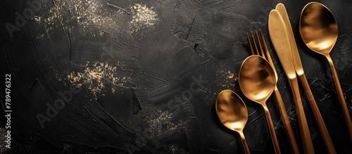 Gold cutlery set displayed on a black background with space for text.