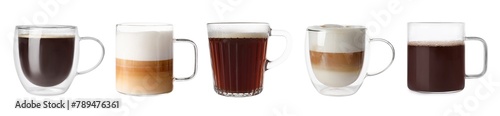 Set of different coffee drinks drinks in glass cups on white background