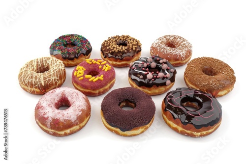 A variety of delicious doughnuts on a clean white background. Perfect for food blogs and bakery advertisements