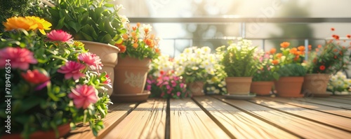 a wooden balcony terrace with flower and plant pots