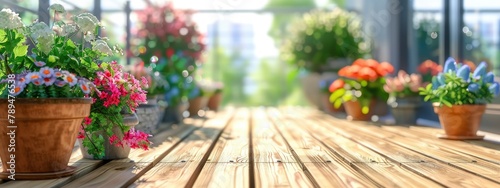 a wooden balcony terrace with flower and plant pots photo