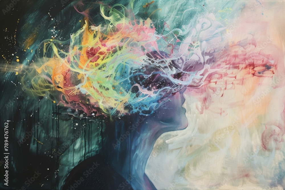 A painting of a person's head with a colorful explosion of paint. The painting is abstract and has a sense of chaos and energy
