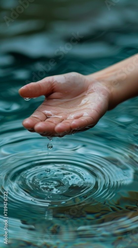 A person's hand is in the water and it has a drop of rain on its palm, AI