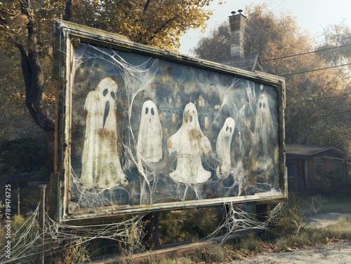 A billboard with a creepy ghostly scene on it. The ghosts are drawn in a creepy way and the billboard is old and worn photo