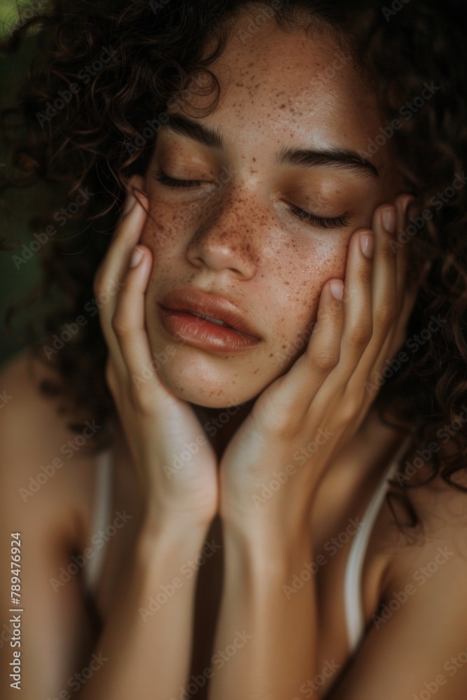 A woman with freckles covering her face holding hands to eyes, AI A woman with freckles covering her face holding hands to eyes, AI