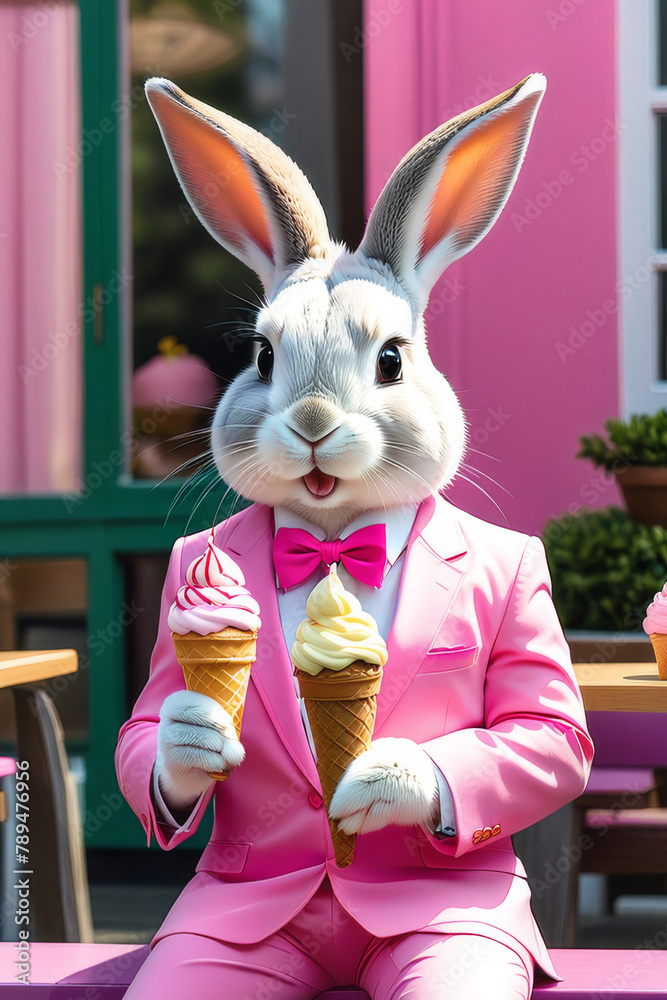Glamorous bunny in a pink suit with ice cream. Summer card with bunny.