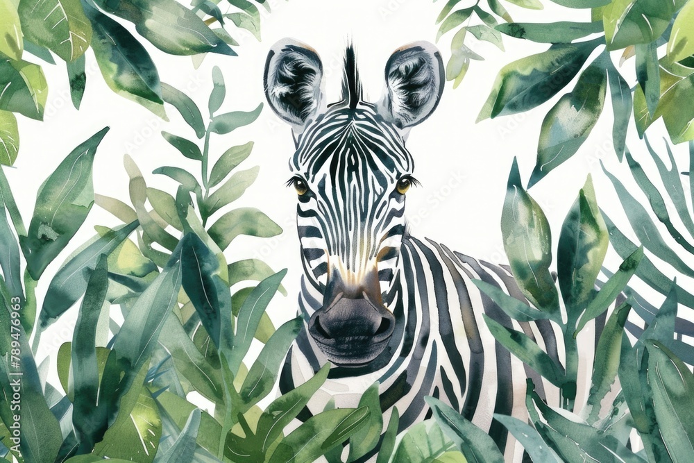Fototapeta premium A painting of a zebra surrounded by leaves, ideal for nature-themed designs