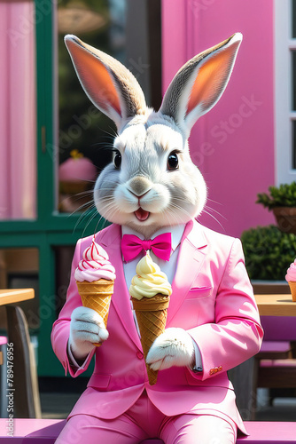 Obraz na płótnie Glamorous bunny in a pink suit with ice cream. Summer card with bunny. w salonie