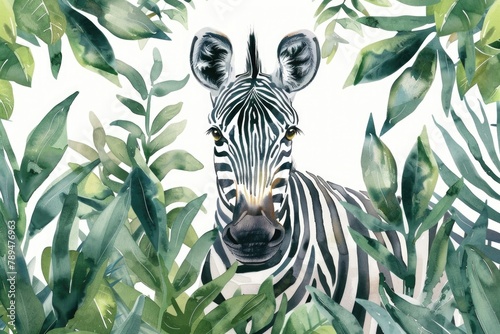 A painting of a zebra surrounded by leaves, ideal for nature-themed designs photo