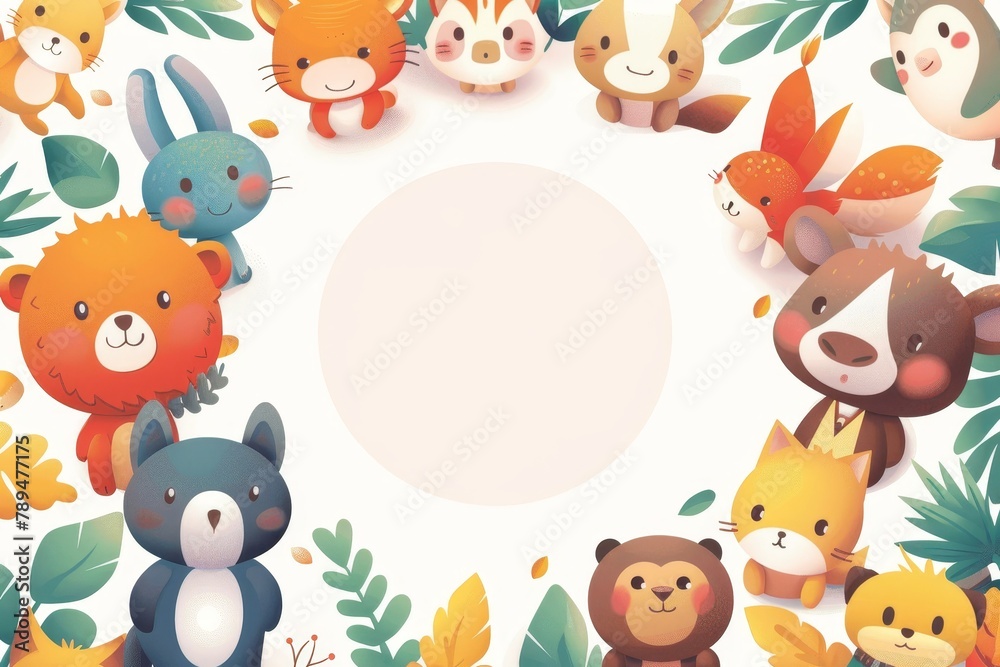 A white circle in the center of an illustration surrounded by cartoon animals wearing business attire. A white circle in the center of an illustration surrounded by cartoon animals wearing business attire.